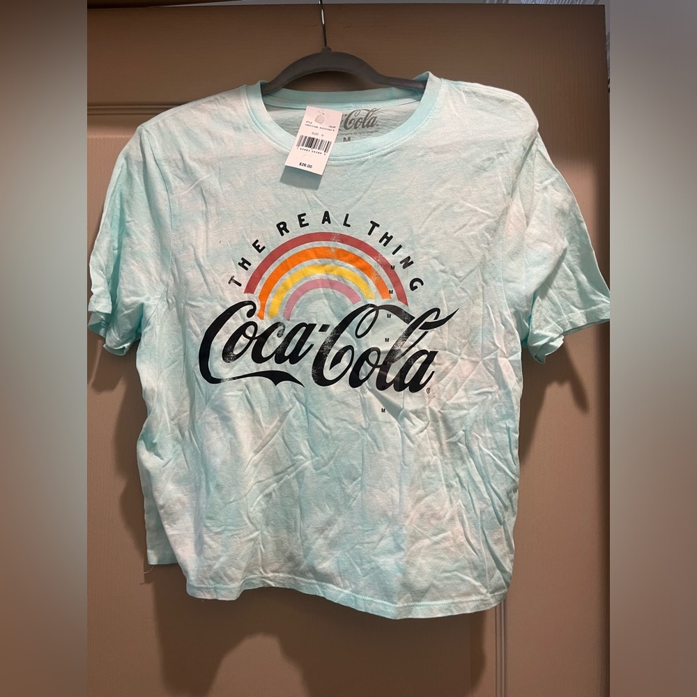 Coca Cola Coke Cropped T-Shirt Short Sleeve White& aqua blue rainbow medium NWT